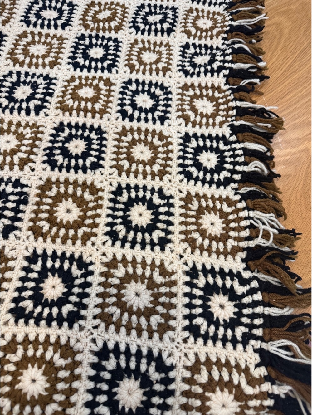 Handmade Crochet Blanket Throw in Brown, Navy, and Cream Squares with Fringe -